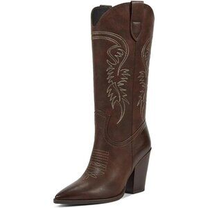 Women's Matte Dark Brown  Pointed Toe Chunky Heel Western Rubber Boots